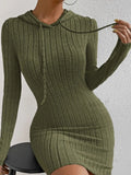Women's Plain Hooded Drawstring Dress, Casual Tight-Fitting Long Sleeve Dress for Spring & Fall, Comfortable Moderate Fabric