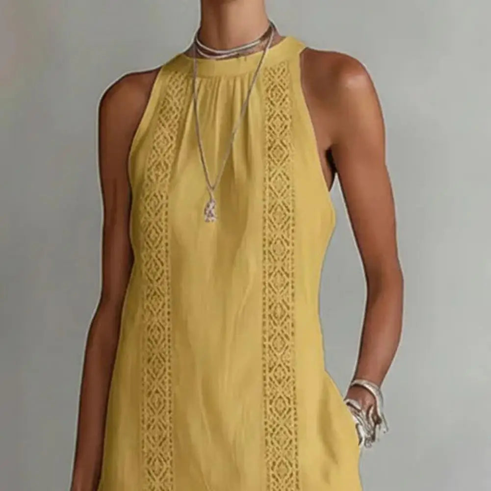 Women Boho Side Split Sundress Summer Sleeveless Hanging Neck Solid Color Lace Lace Splicing Split Sleeveless Dress Beach Skirt