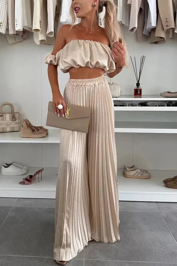 2026 Summer Women Sets Sexy Off-shoulder Sleeveless Short Tops+ Wide Leg Pants 2 Piece Sets Fashion Party Casual Trousers Outfit