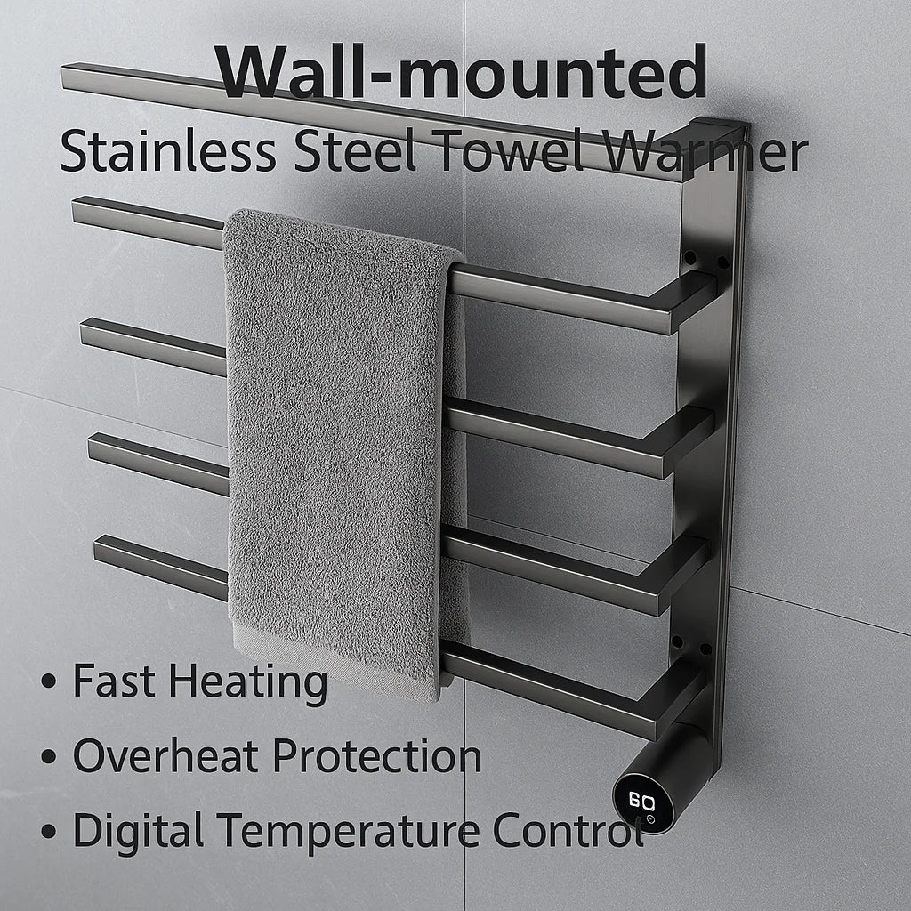 Wall Mounted Black Digital Display 304 Stainless Steel Electric Towel Warmer for Hotels Bathrooms Featuring Heater Technology