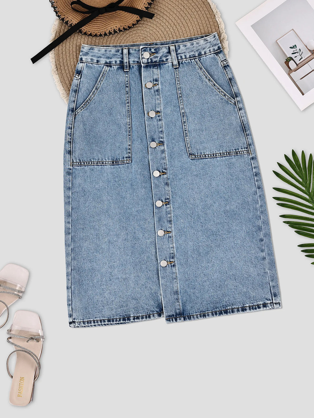 European Beautiful Woman High Waist Elastic Medium and Long Denim Skirt, Thin Split Fork Over Knee Hip Wrap One Step Skirt