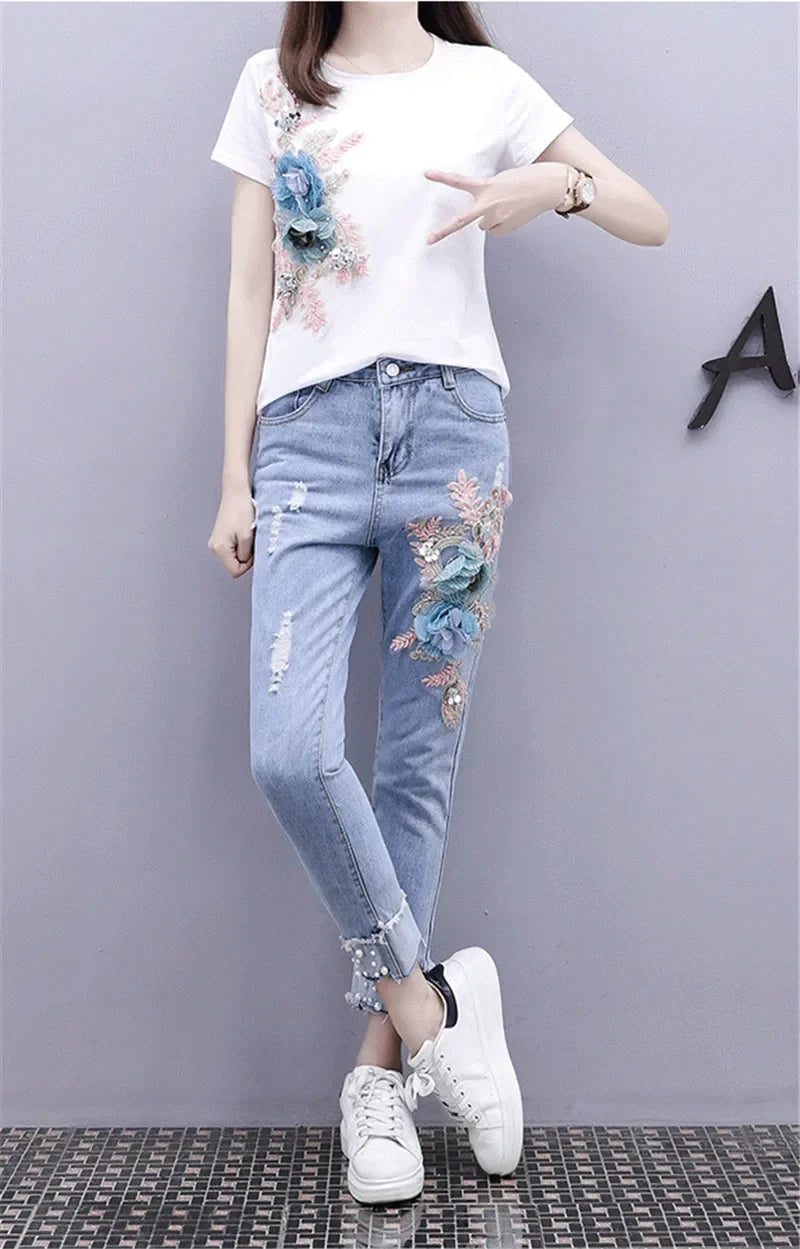 Two-Piece Suit 2025 Summer New Women Denim Pants Beading Embroidery Tshirt Tops+ High Waist Hole Jeans Female Casual Outfits