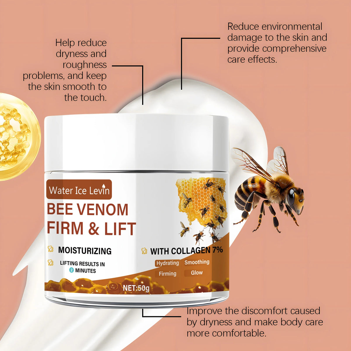 Bee Vemon Instant Facial Lifting Cream 50g |   Smooth |   Types of Face and Neck Creams, Containing Retinol and Collagen, Alcohol-Free.