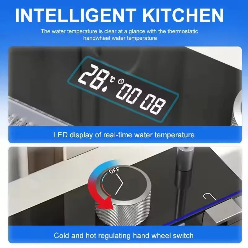 LED Factory 304 Stainless Steel Anti-Scratch Kitchen Sink Multifunction LED Digital Display Pull-Out Faucet Single Bowl Design