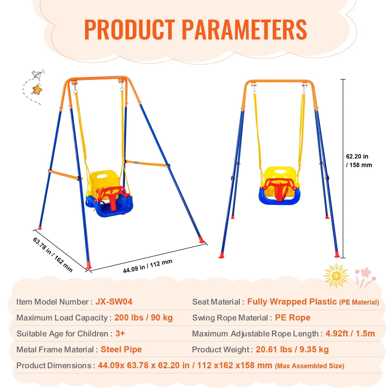 SucceBuy Swing Sets for Backyard 600lbs Capacity Swing Set with 1 Saucer Swing Seat 2 Belt Swing Seats Swingset Outdoor for Kids