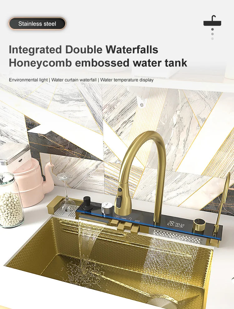 Stainless Steel Golden Kitchen Sink Multifunctional Waterfall Outlet Single Slot Piano Button Digital Display