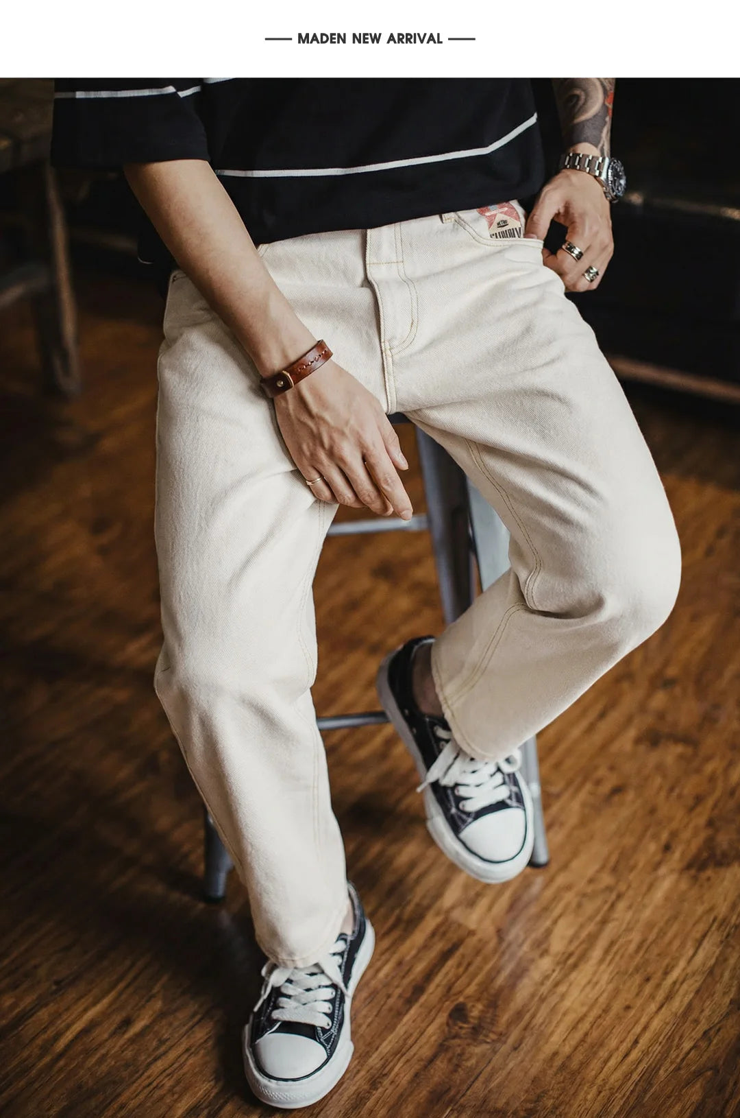 Maden Men's Vintage White Heavyweight Washed Jeans Straight 100% Cotton CleanFit Casual Pants with Zip Fly for Spring and Autumn