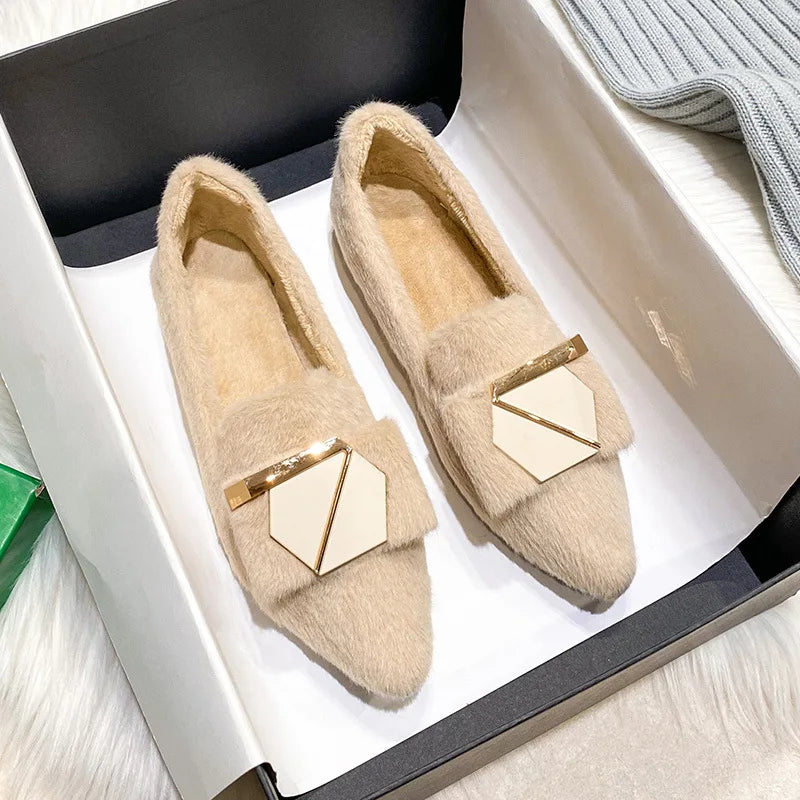 Flats Shoes for Women 2024 New Autumn Pointed Flat Mink Fur Winter Shoes Velvet Women's Loafers Ladies Shoes Plus Size 41 42 43