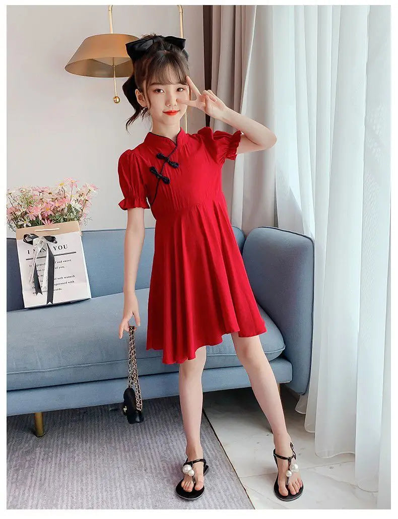 2026 Kids Girls Solid Chinese Red Cheongsam Qipao Princess Teenager New Year Dresses Clothing 4 7 8 9 10 12 14 Years