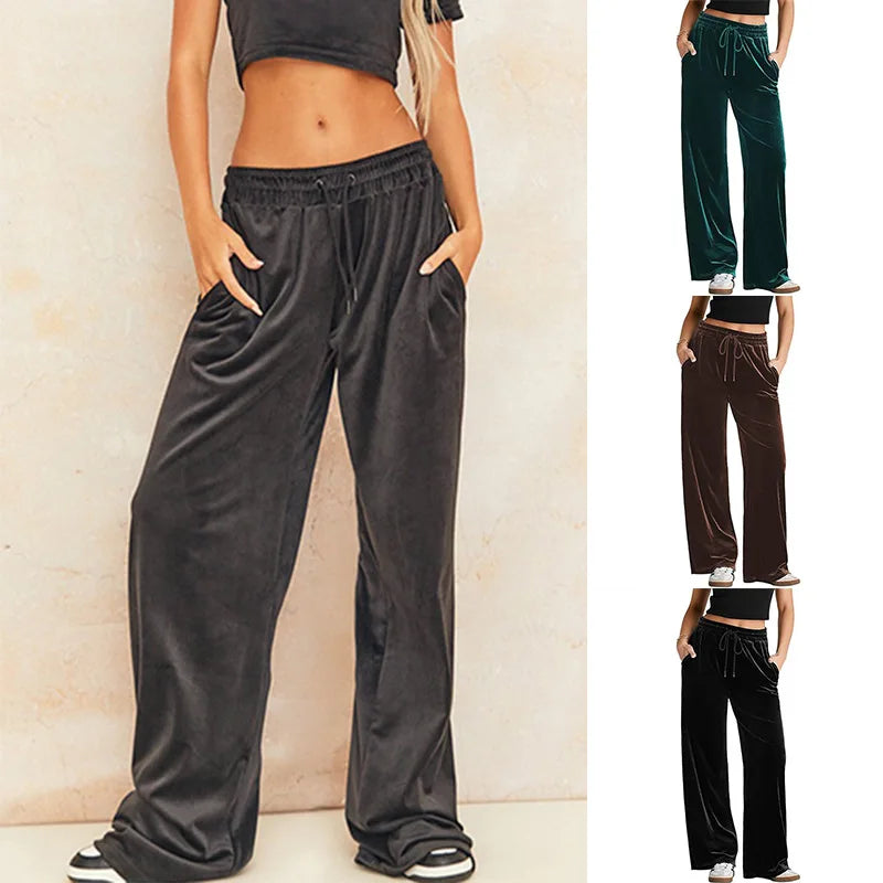 Women's High Waist Velvet Wide Leg Pants Drawstring Elastic Waist Loose Casual Trousers Autumn Winter Solid Color Long Pants B