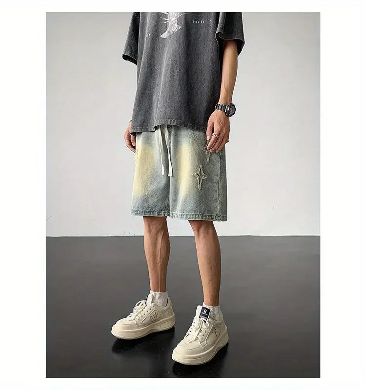 Embroidered Denim Shorts Men's Summer American Retro Street Five-point Pants Trendy Brand Trendy Loose