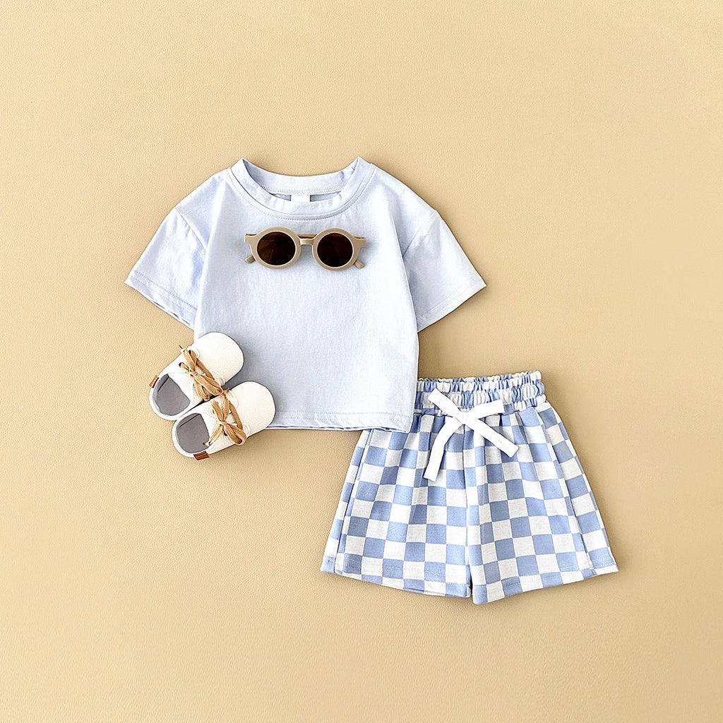 2PCS Kids Clothes Baby Boys Girls Solid Color Short Sleeve T-shirt Plaid Pattern Shorts Sets Baby Clothing Sets 0-3Y