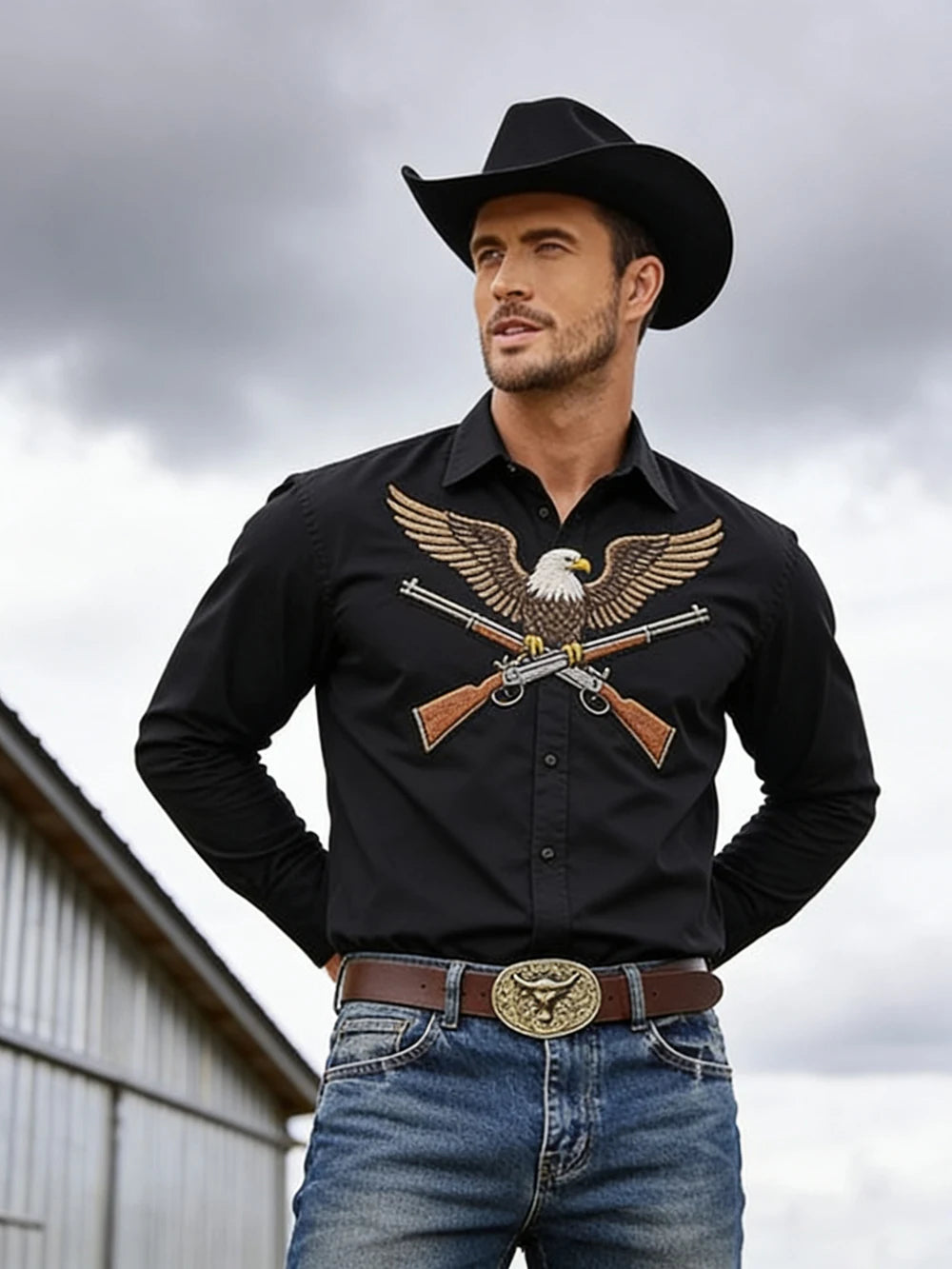 2026 New Men's Western Farm Cactus 3D Print Black Shirt Long Sleeve Collar Button Business Casual Hawaiian Shirt Men For you