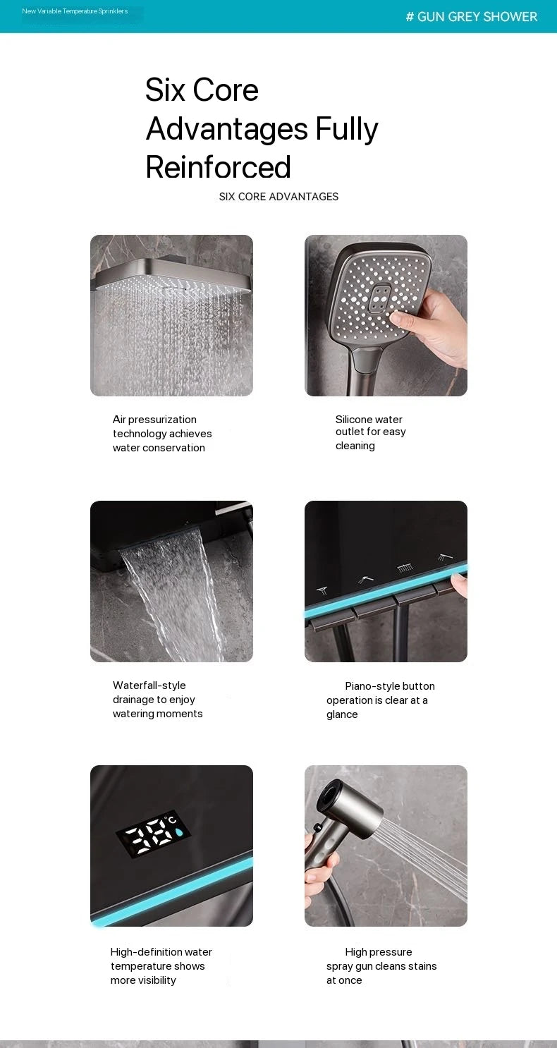 Gray Piano Button Ambient Light Bathroom Shower Full Set Digital Display Shower System Sets Rain Faucets Shower Head