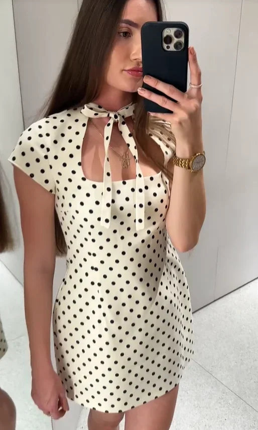Elegant Lace-up Polka Dot Mini Dress Lady Chic Short-sleeved Waist Cinching Slim A-line Vestidos 2026 Women Evening Party Gowns