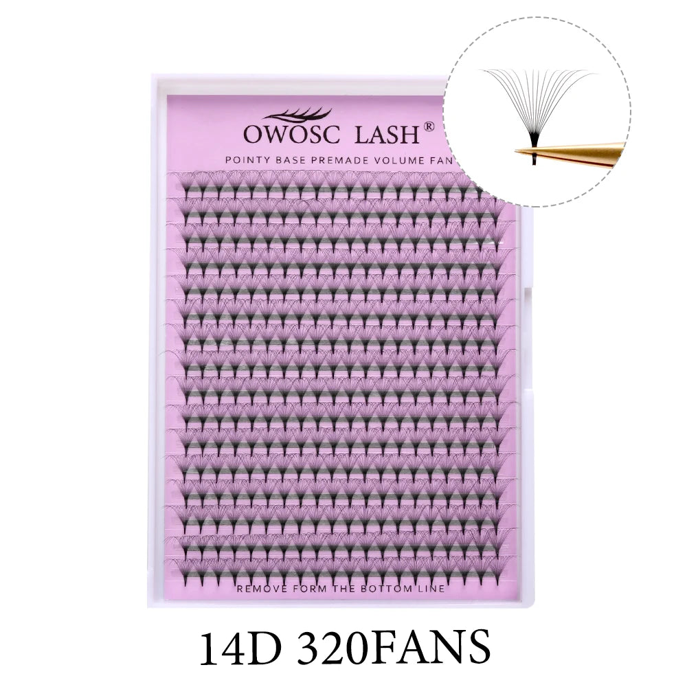 OWOSC 320 Fans Pointy Base Premade Volume Fans Medium Stem Sharp Thin Pre Made Russian Volume Fan Eyelash Extensions Custom Logo