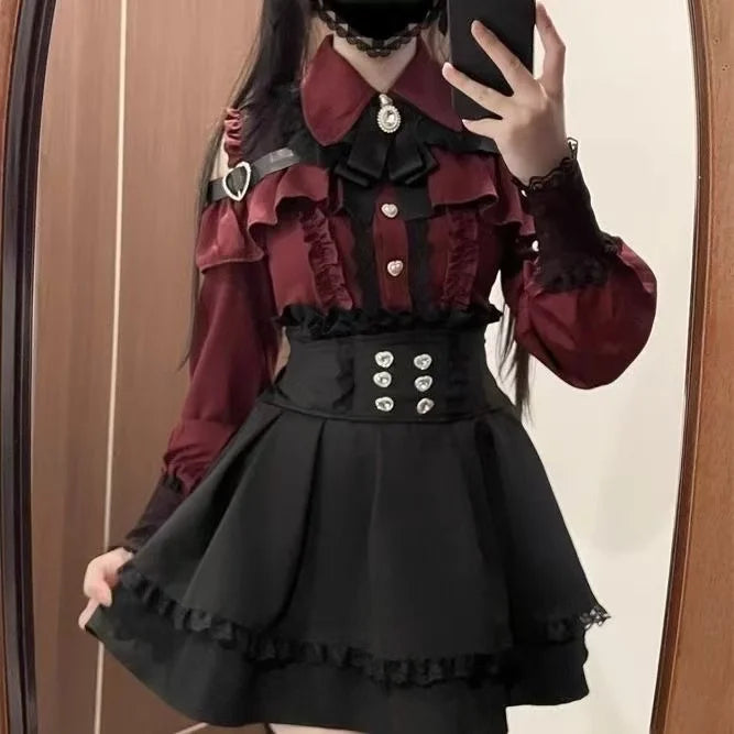 Gothic Lolita Two Piece Set with Bow, Y2K Aesthetic Flare Sleeve Mini Dress, Japanese Punk Style Party Co-ord Outfit