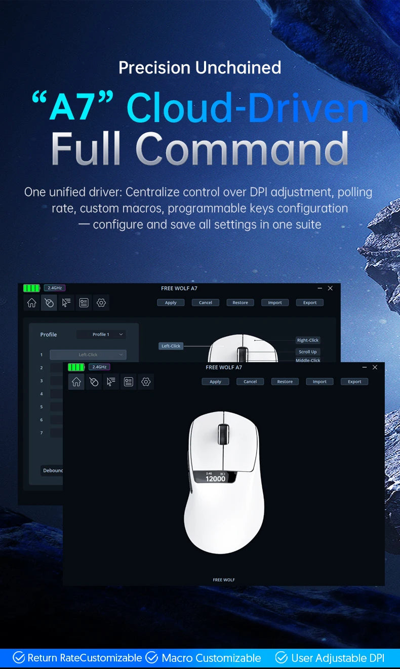A7 Lightweight Wireless Gaming Mouse,24000DPI,Magnetic Charging Base,Tri-Mode Connection,PAW3311 Macro Esports Office Mouse