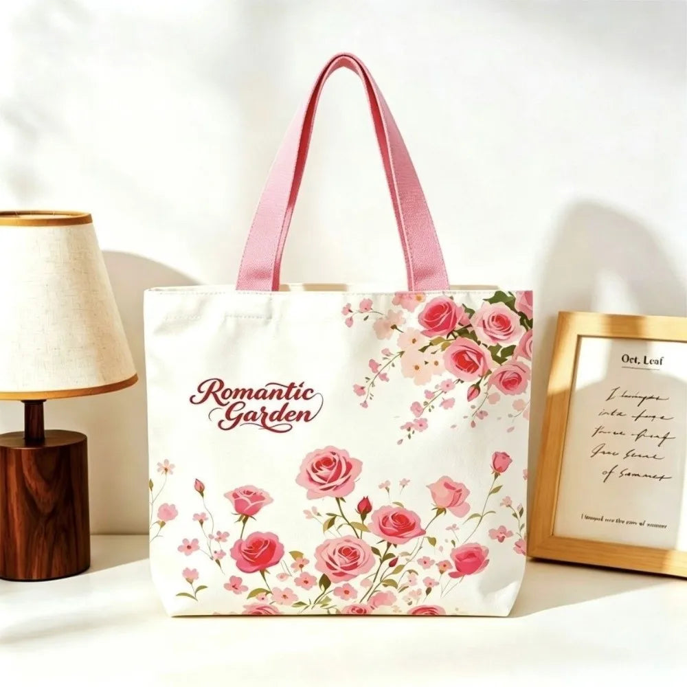 Portable Floral Canvas Tote Bag Large Capacity Reusable Commute Handbag Lightweight Shopping Bag For Work