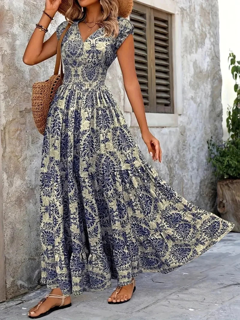 Women's Summer Retro Fashion Floral Printed Sexy V-neck Short Sleeve High Waist Medium Length Bohemian Loose Holidays Dresses
