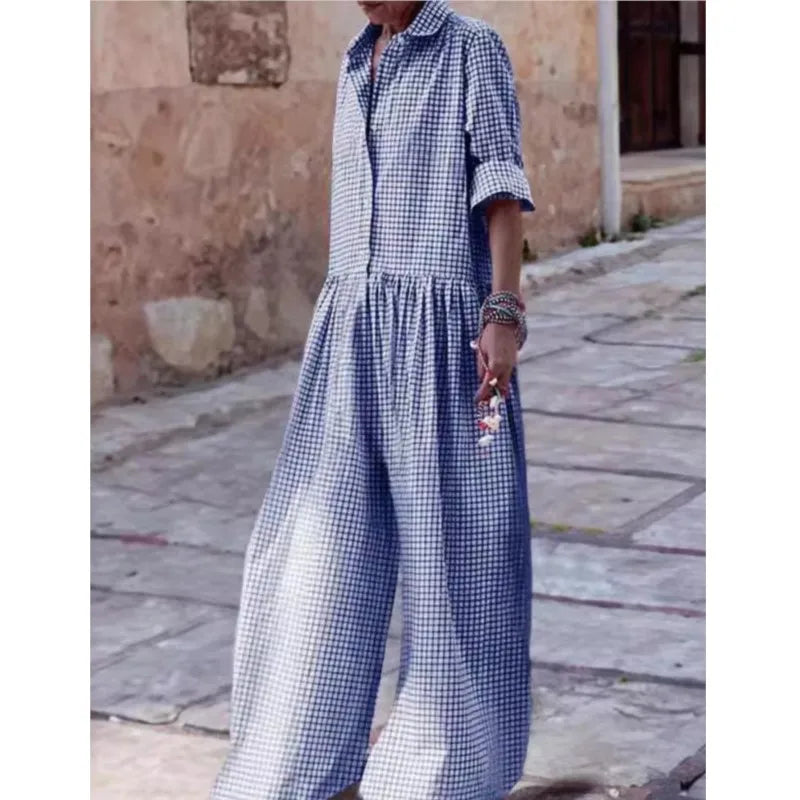 Fashion Lapel Single Breasted Half Sleeve Wide Leg Jumpsuit Spring Autumn Lady New Women's Loose Casual Plaid Printed Jumpsuit