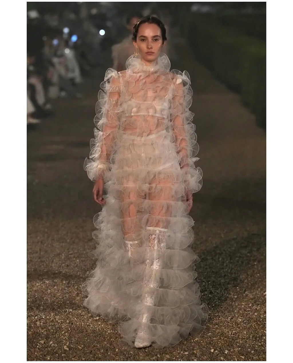 New Arrival See Thru Ruffles Trimmed Long Formal Dresses High Collar Full Sleeves Illusion Women Dress To Photoshoots  Costumes