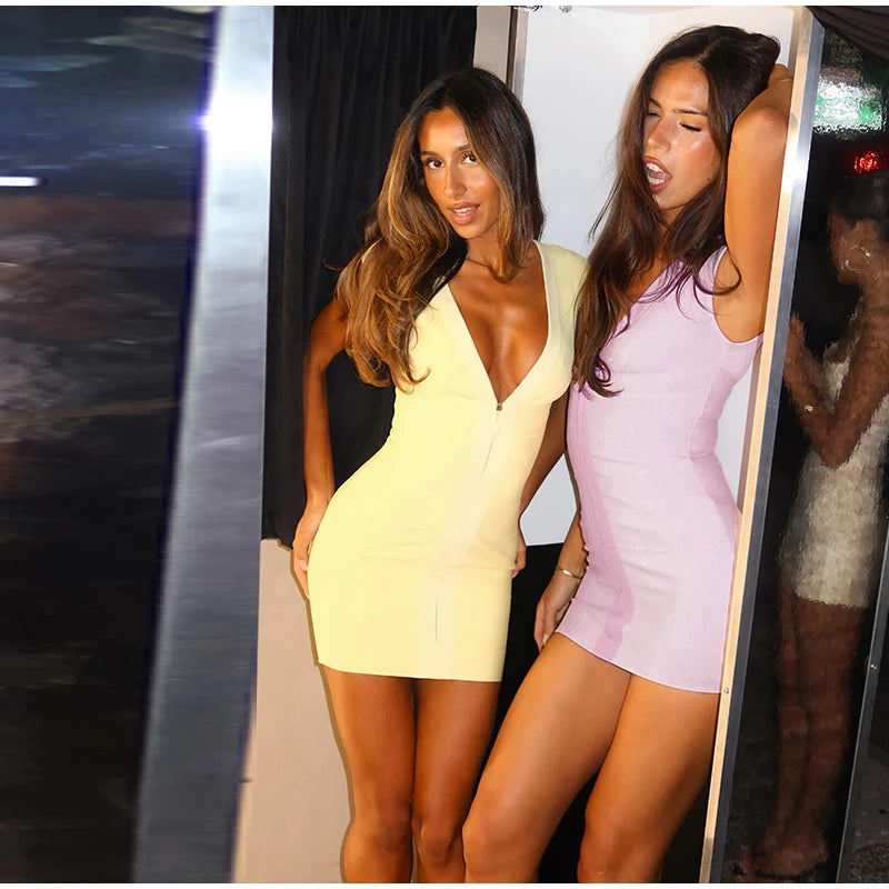 Elegant V-Neck Women's Dress Sleeveless Zippers Elastic Hip Package Lady Mini Dresses 2026 Summer Autumn Chic Female Robe