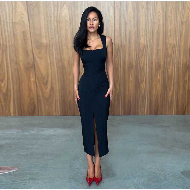 Camisole Women's Dress U Neck Zipper Dress Fitted Waist Split Long Dress Elegant Stylish Wear Date Party Outfit