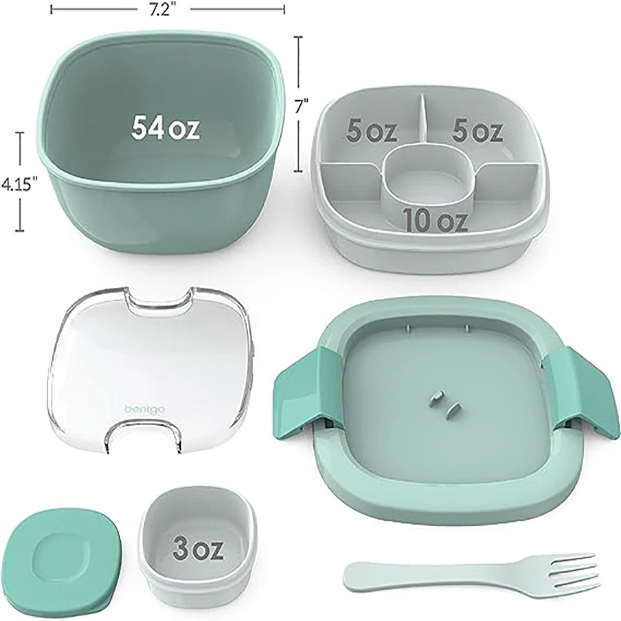 Double Stackable Lunch Box, 50 oz. Large Salad Bowl, 4 Compartment Tray, 3 oz. Sauce Container, Built-In Reusable Fork & Spoon