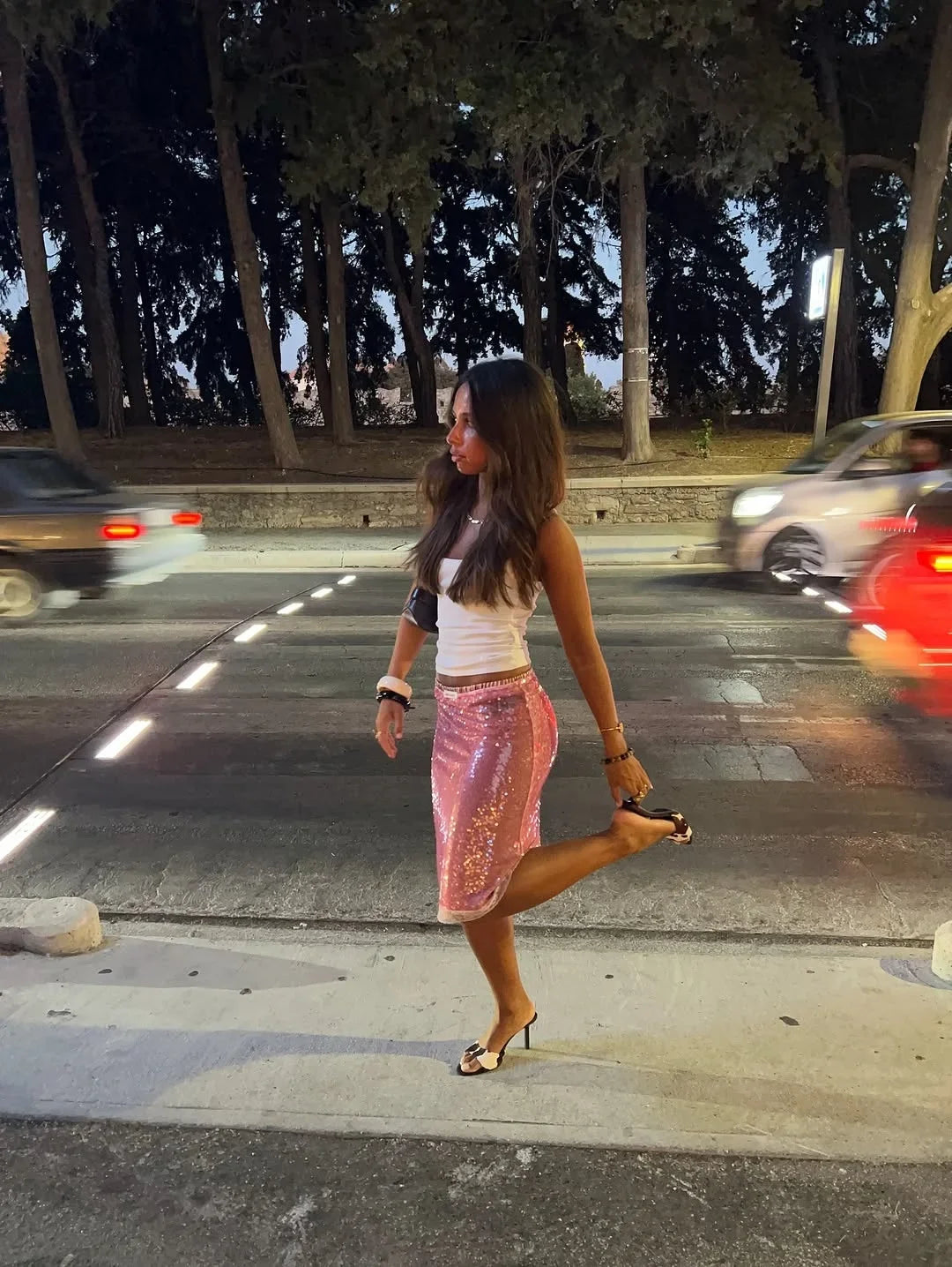 Sexy Pink Sequin Midi Skirt Women Ruched Lace Patchwork Elastic Waist Bodycon Pencil Skirts Lady Club Party Dating Glitter Wear