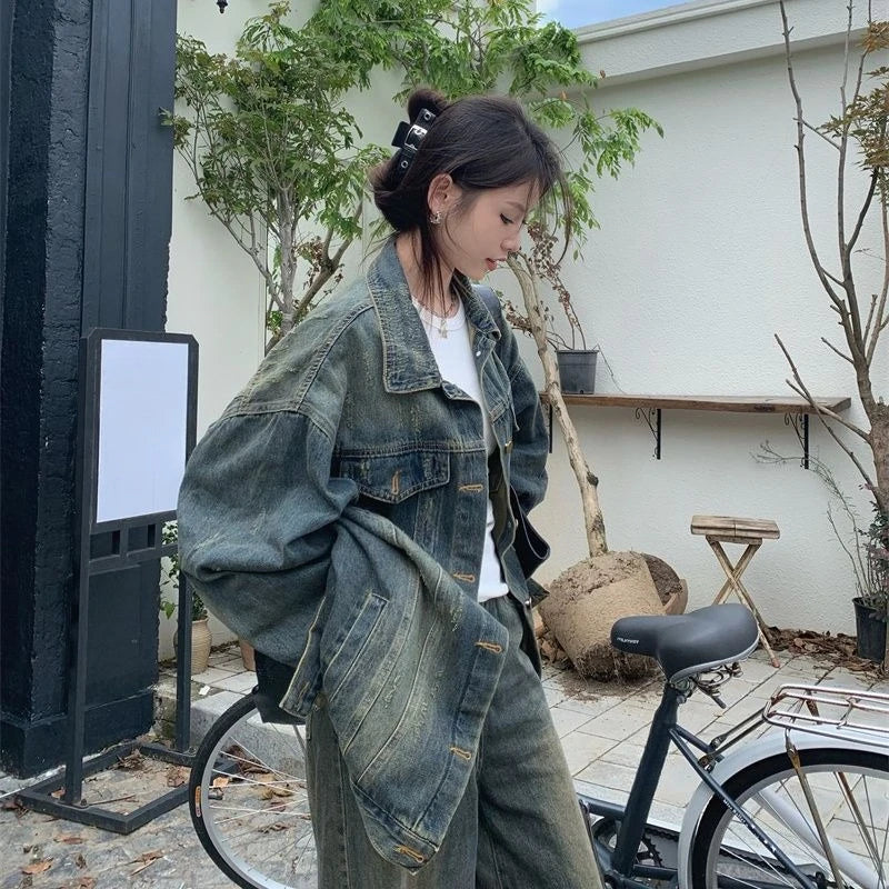 Vintage Washed Denim For Women Loose Fit Street Style Casual Biker With Retro Spring Autumn Layering Outerwear