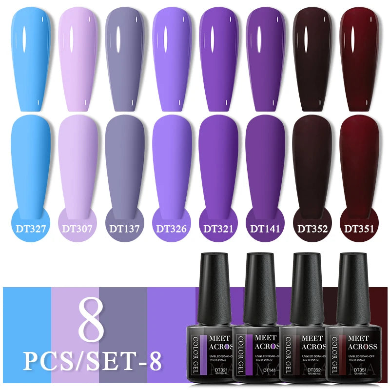 MEET ACROSS 6/8Pcs Set Glitter Gel Nail Polish Autumn Winter Nail Art Varnishes Semi Permanent Soak Off UV Gel Kit Nails Lacquer