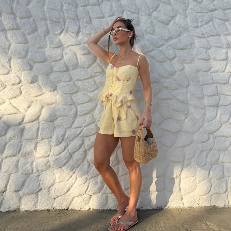 Print Spaghetti Strap Shorts Set Women Chic Boned Shaping French Floral Ruffled Waist Corset Set 2026 Lady Summer Daily Outfit