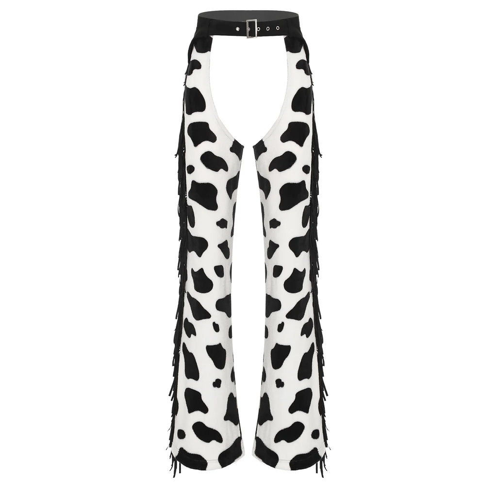 Womens Cow Spot Pattern Flannel Long Pants Adjustable Waist Open Crotch Biking Riding Cowgirl Chaps Halloween Cospaly Costume