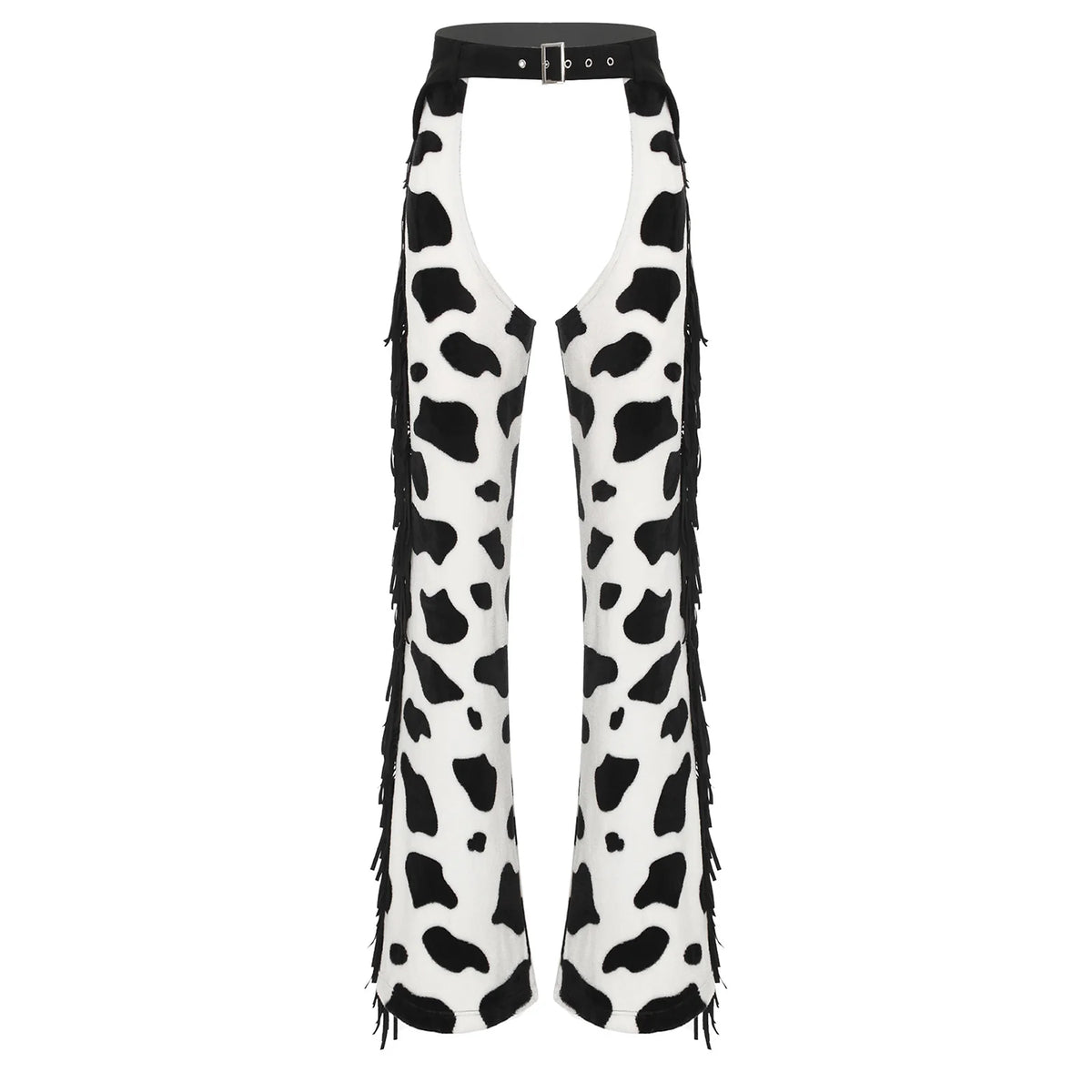 Womens Cow Spot Pattern Flannel Long Pants Adjustable Waist Open Crotch Biking Riding Cowgirl Chaps Halloween Cospaly Costume