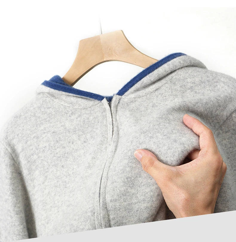 New Men's 100% Merino Wool Double Sided Wearable Hooded Sweater Casual Autumn Winter Coat Long Sleeved Men's Wool Sweater Tops