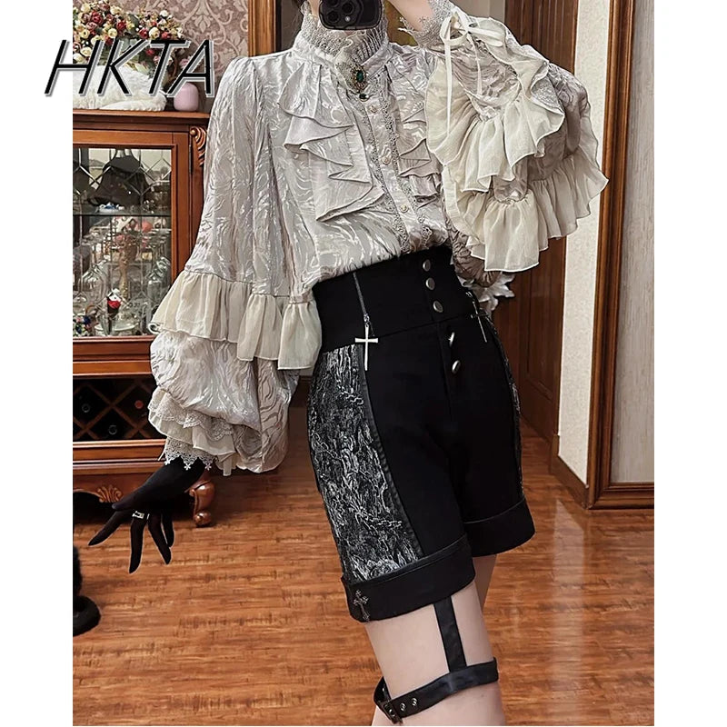 Gothic Style Silver Shirt Spring and Autumn New Bat Sleeve Loose Long Sleeve Shirts Lolita Court Style Women's Camisas Top Y2k