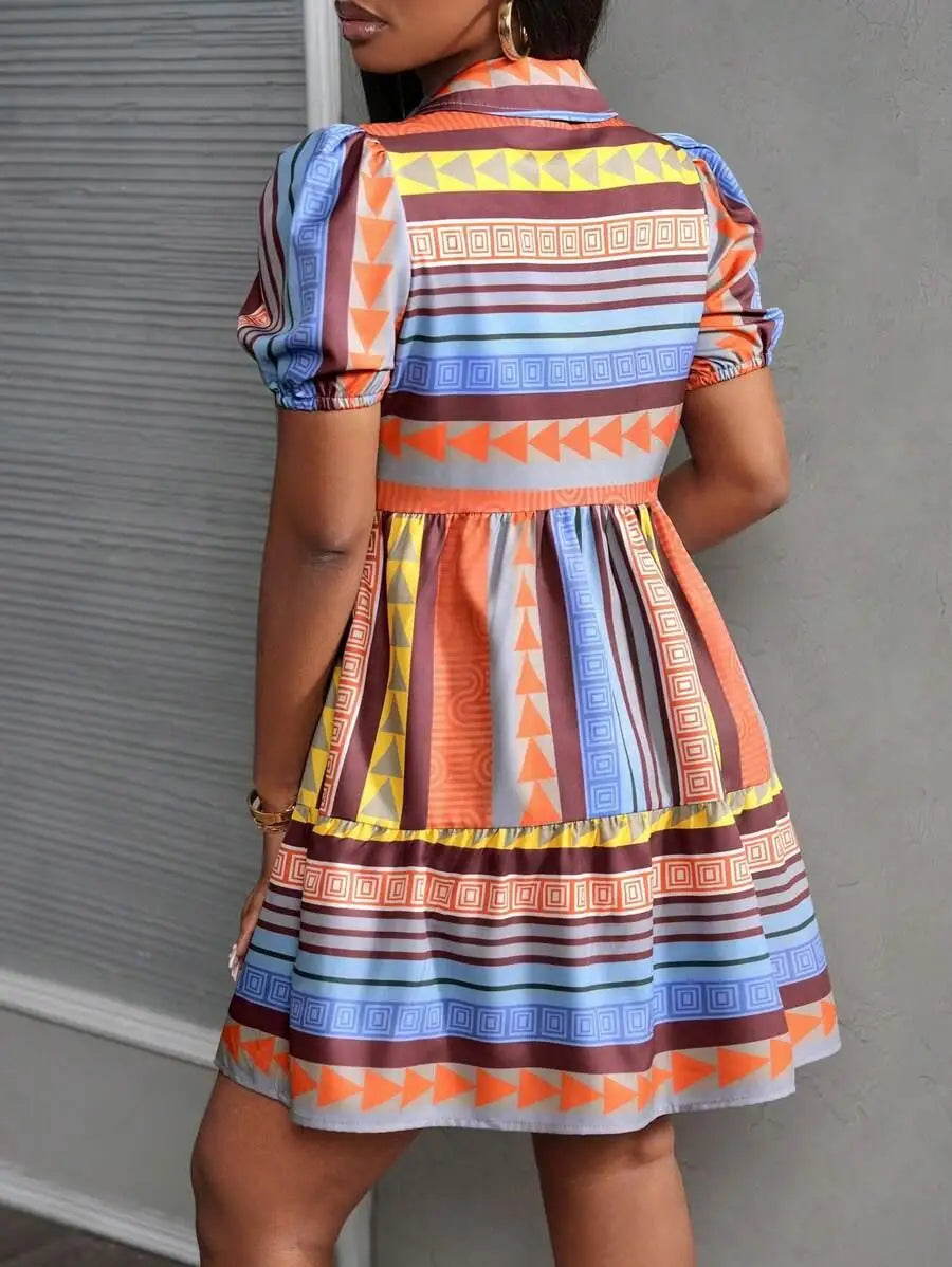 Fashionable Print Ethnic Style Women's Dress Stand Collar 3/4 Sleeve Loose Fit Midi Dress Polyester Cotton Blend Sleeve