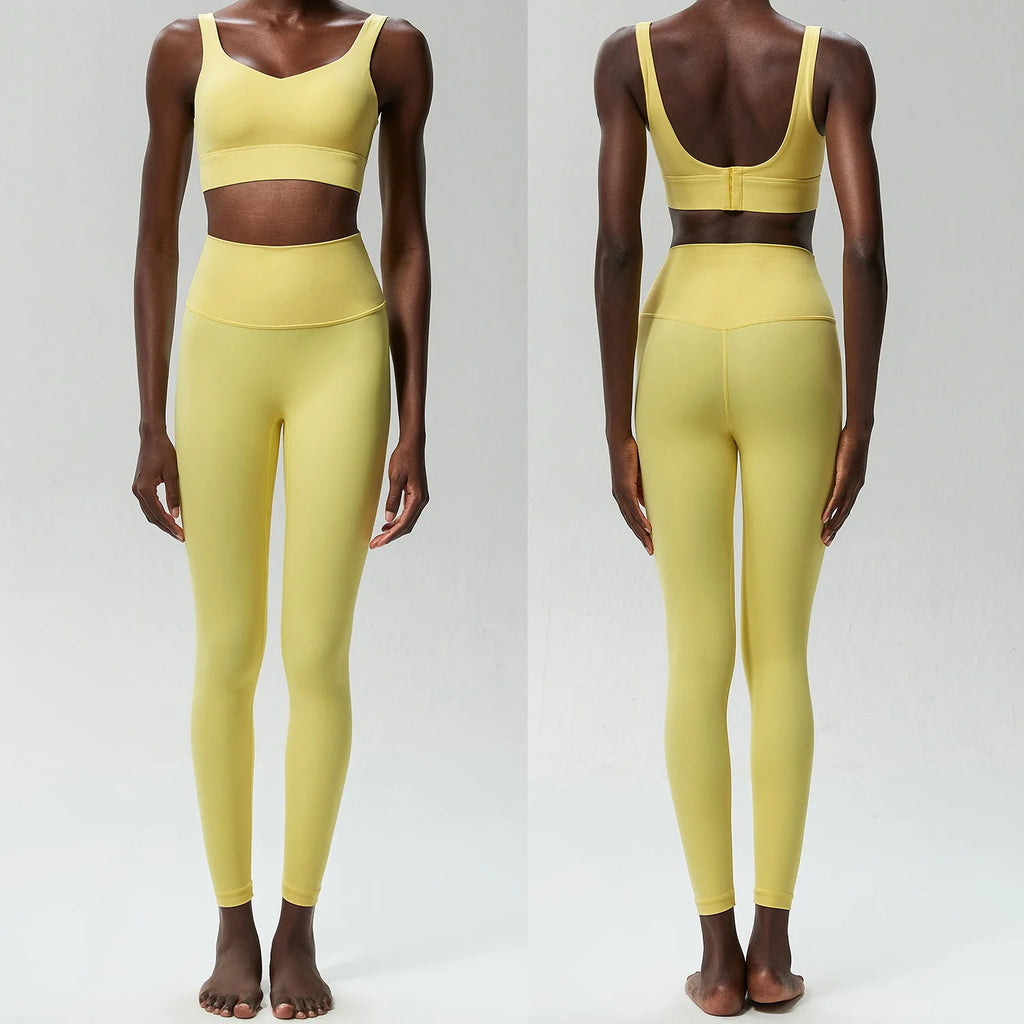 Two Pieces Fitness Yoga Set Women Solid Color Stretchy Soft Gym Suit Breathable Quick Dry Running Sportswear Workout Clothes