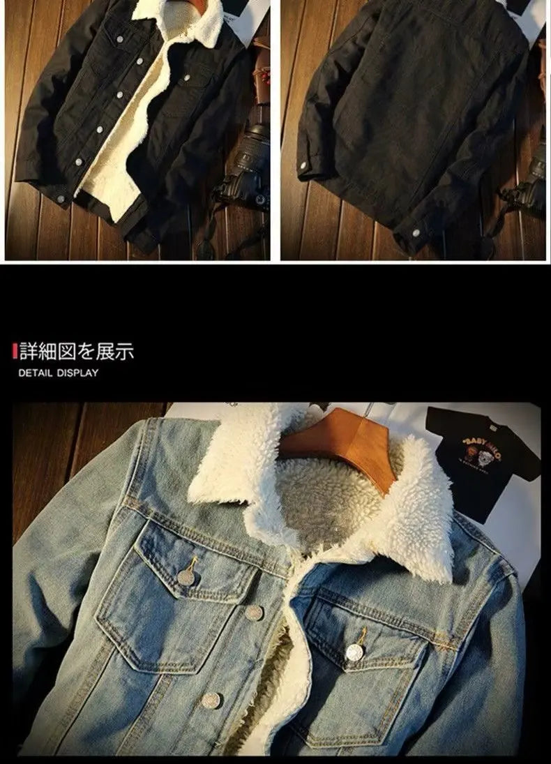 Men Winter Autumn Jacket Denim Inner Fleece Thicken Winter Jeans Jacket Coat Men's Turn-down Velvet Jacket Mens Fur Parkas