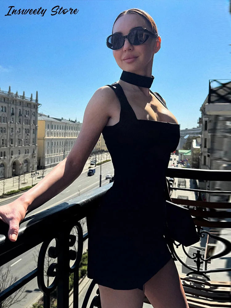 Fashion Printed Corset Belt Dress Women's Square Collar Sleeveless Zippers A-Line Short Gown  2026 Summer New Lady Party Wear