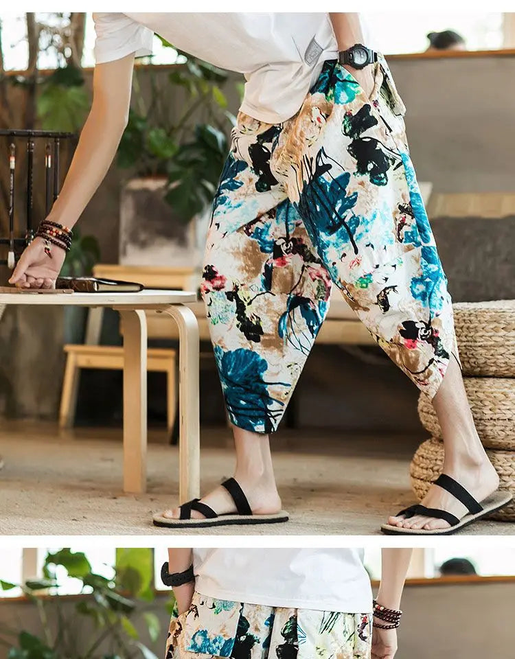 Men's Casual Cotton Linen Seven-Foot Pants Summer plus Size Lantern Loose Fit Shorts Harlan Style Comfortable Breathable Leis...