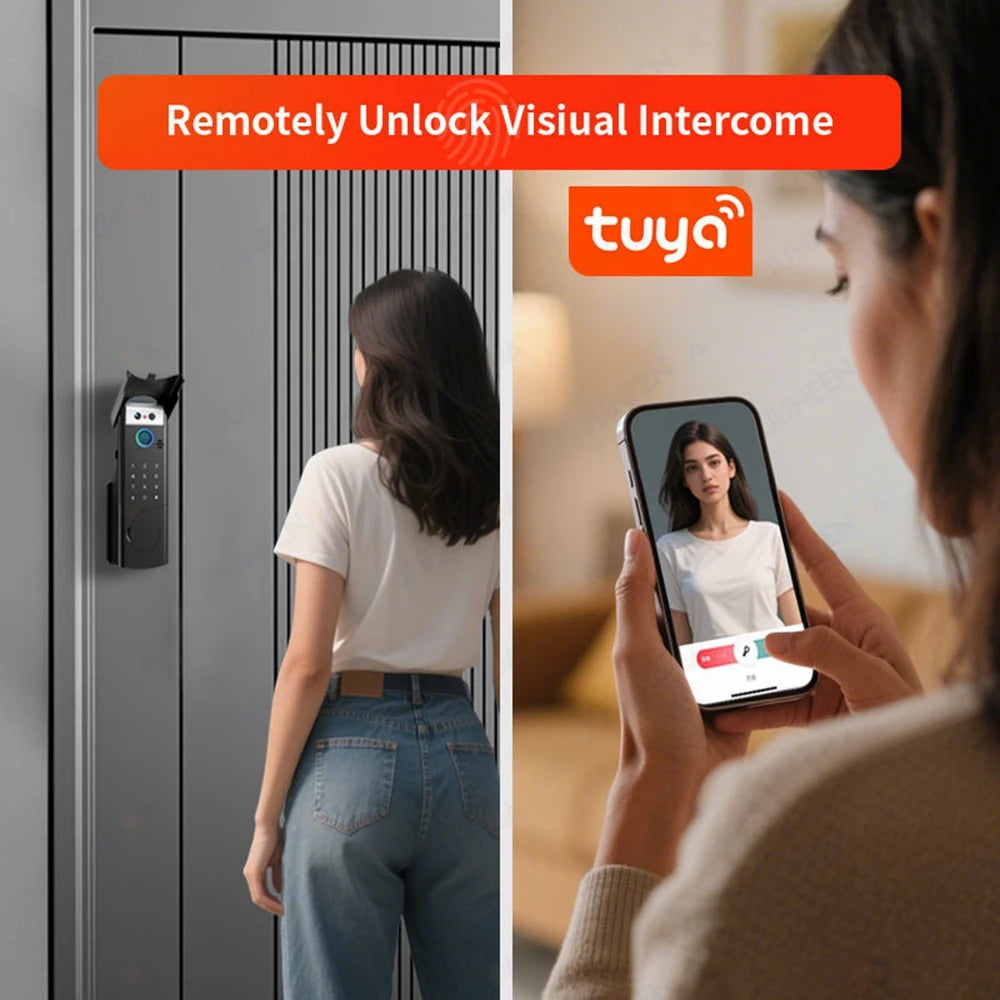 Tuya Wifi Video Intercom Doorbell Waterproof Double-sided Fingerprint Rim Lock Remote App Electronic Face Recognition Smart Lock