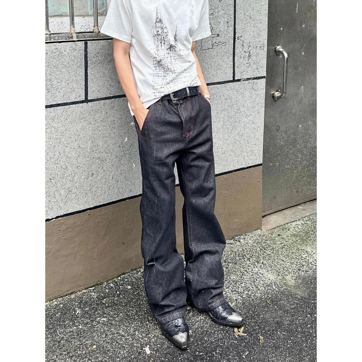 Men American Vintage Denim Red Stitch Raw Black Straight Micro Flare Jeans Slim Fit Fashion Casual Stretch Long Denim Trousers