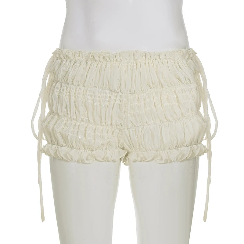 SUCHCUTE Beige Folds Textured Chiffon Shorts Women Summer Elastic Waist Bottoms All Match Casual Shorts Grunge Fairycore 2026
