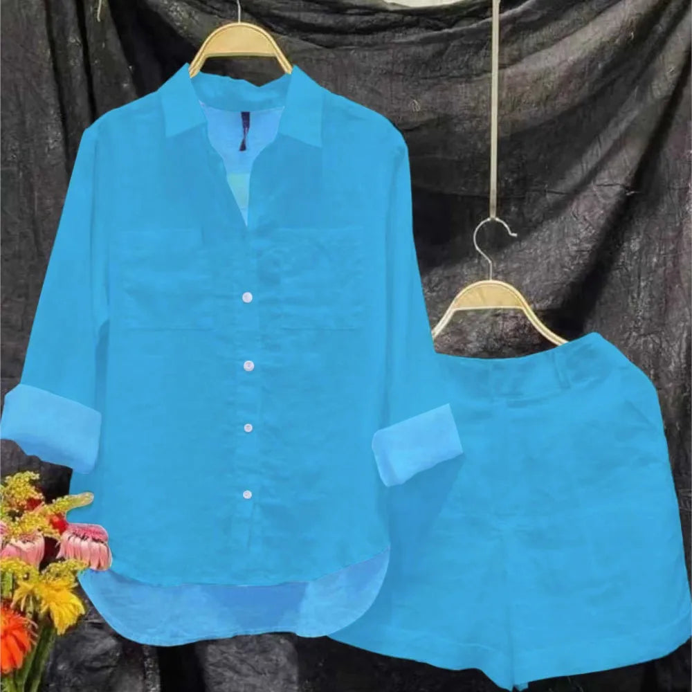 Fashion Cotton And Linen Long Sleeve Shorts Women 2Piece Set Summer Casual Loose Elastic Waist Shorts Ladies Home Wear Suit 2025