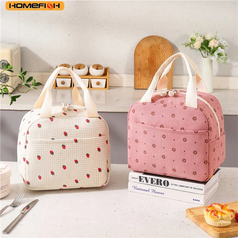 HOMEFISH Cute Flower Pattern Insulated Lunch Box Bag, Waterproof Durable Thermal Handbag for Food Storage