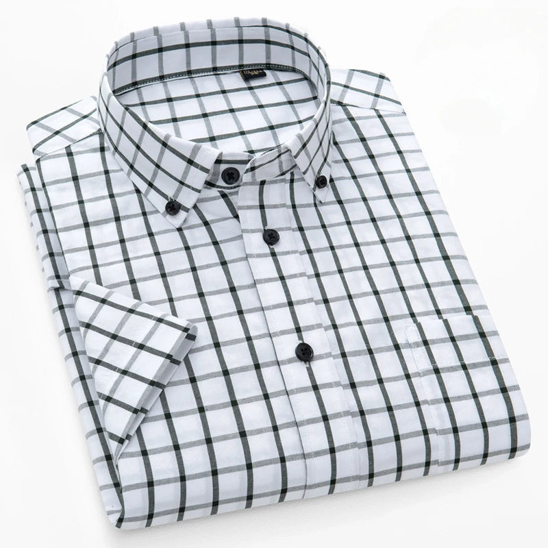 New In Shirt Summer 100%Cotton Short Sleeve Shirts for Men Slim Fit Formal Plain Shirt Designer Plaid Korean Popular Clothes