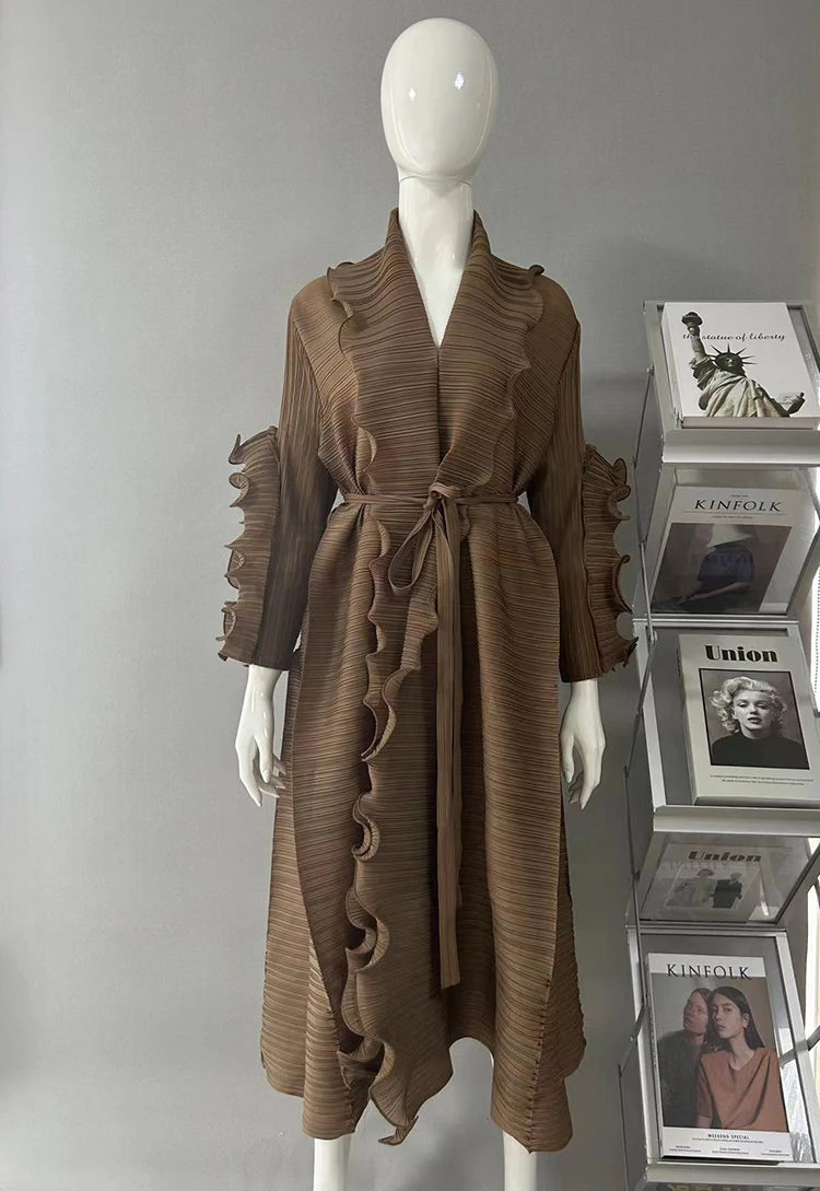 2024 Miyake Ruffled Early Spring and Autumn New Long Sleeve Ruffled High Elastic Dress V-neck Long Sleeve Women's Dress