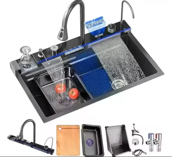 Stainless Steel Large Single Slot Bionic Honeycomb Black Wash Top Mount / Apron Front Smart Kitchen Sink with Waterfall Faucet